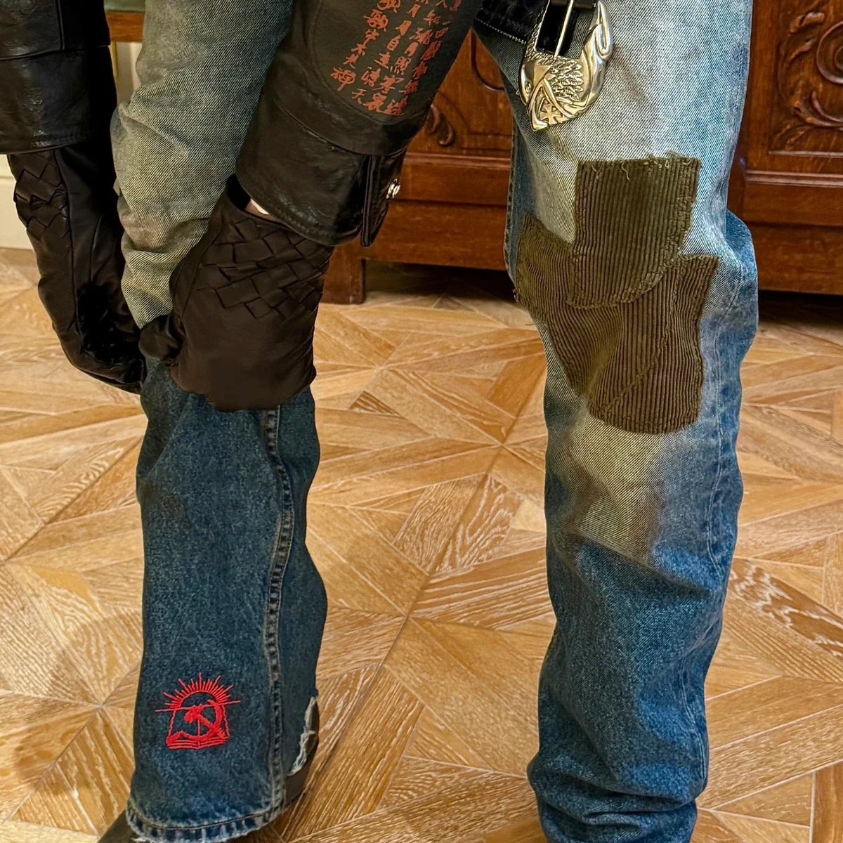 Echo Alley Cross Patch Distressed Flare Jeans — Washed Blue