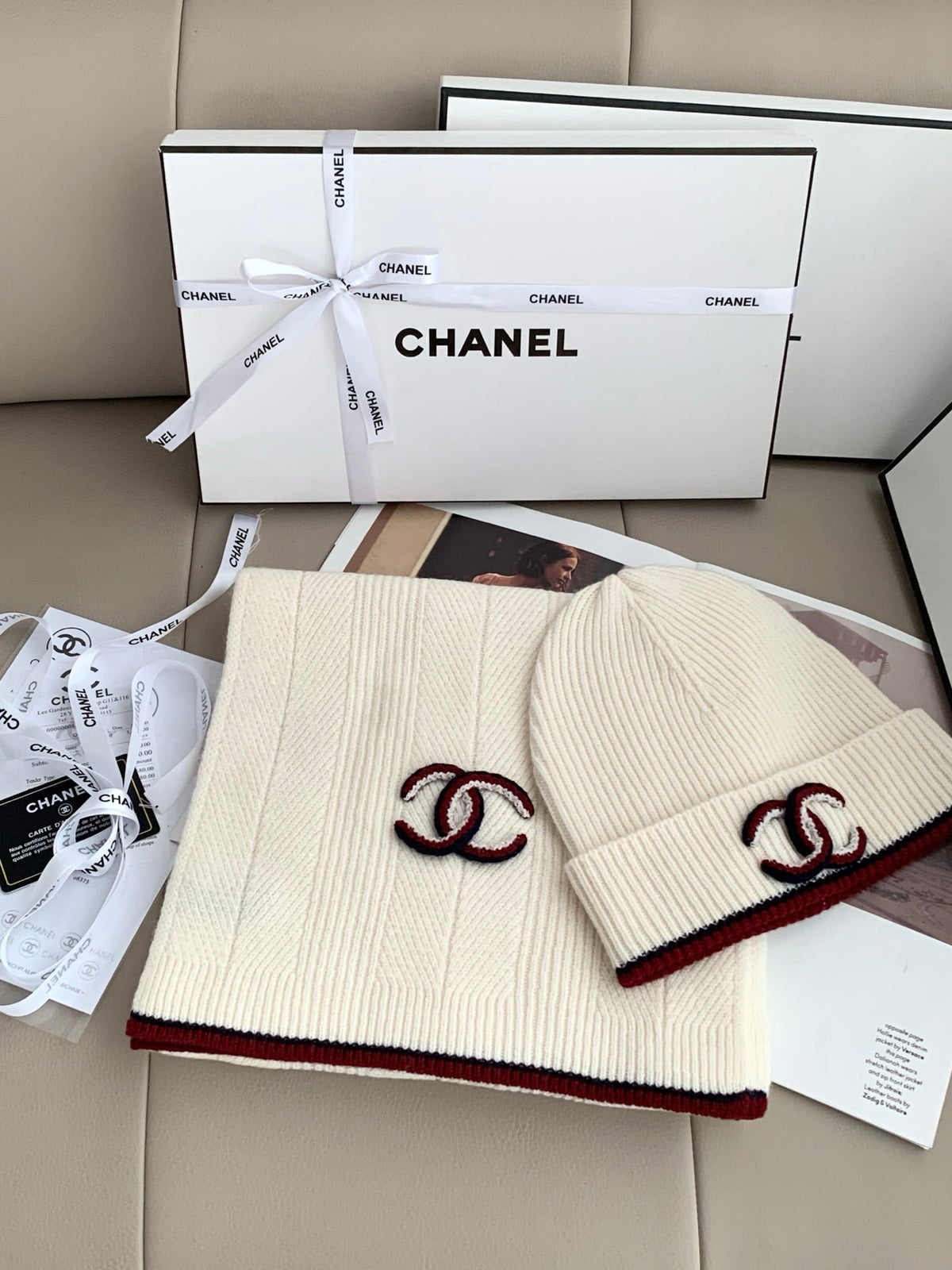Chanel Style Ivory Rib-Knit Scarf and Beanie Set