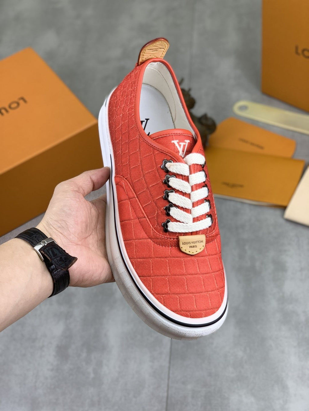 Louis Vuitton Coral Red Textured Low-Top Sneakers