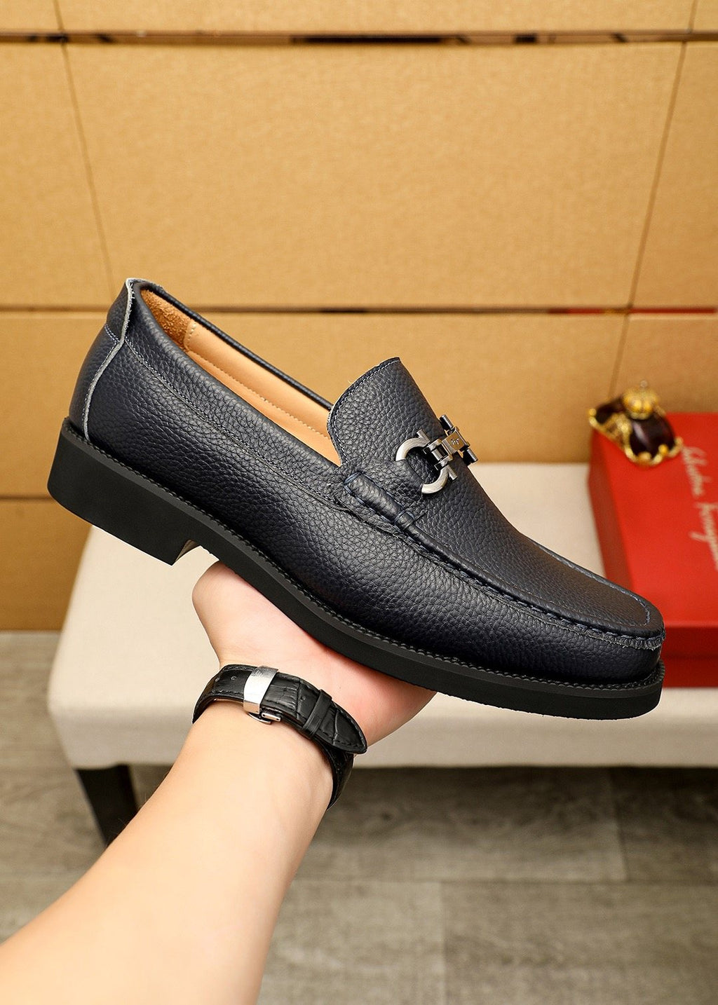 Ferragamo Black Pebble-Grain Bit Loafers